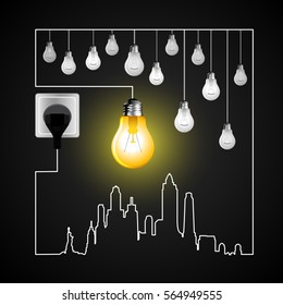 Bulb with city skyline, outline style, digital vector illustration