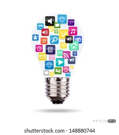 Bulb with cloud of colorful application icons. Vector illustration.