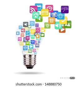 Bulb with cloud of colorful application icons. Vector illustration.