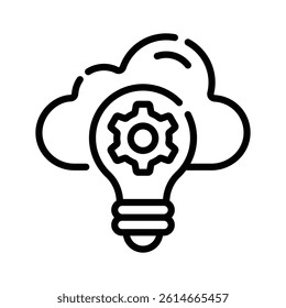 Bulb with cog inside denoting cloud innovation line icon