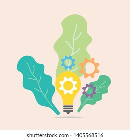 Bulb and cogs on leaves background concept.