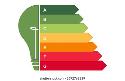 Bombilla con indicador de nivel de barra de colores, concepto de eficiencia energética, Ilustración vectorial aislada sobre fondo blanco.