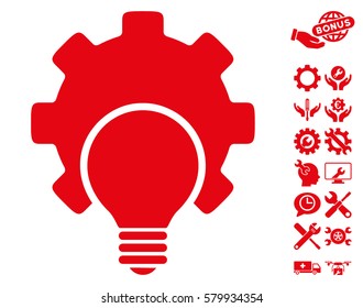 Bulb Configuration Gear icon with bonus setup tools design elements. Vector illustration style is flat iconic red symbols on white background.