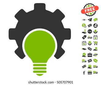 Bulb Configuration Gear icon with free bonus design elements. Vector illustration style is flat iconic symbols, eco green and gray colors, white background.