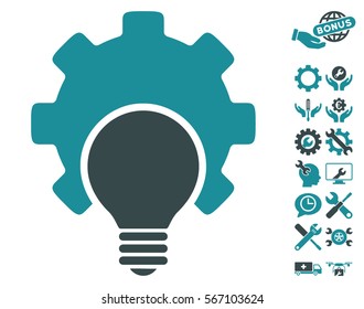 Bulb Configuration Gear pictograph with bonus tools design elements. Vector illustration style is flat iconic soft blue symbols on white background.