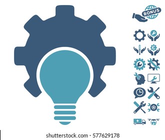 Bulb Configuration Gear pictograph with bonus setup tools icon set. Vector illustration style is flat iconic cyan and blue symbols on white background.
