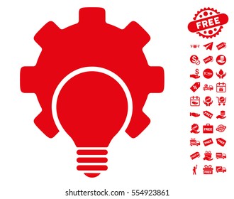 Bulb Configuration Gear pictograph with free bonus graphic icons. Vector illustration style is flat iconic symbols, red color, white background.