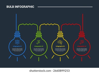 bulb creative idea solution infographic process diagram with round bulb with wave line connection with dark background bright outline style 4 points vector