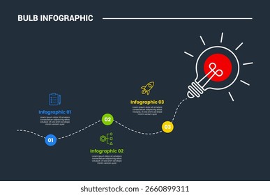 bulb creative idea solution infographic process diagram with dot circle customer journey dotted line up and down with dark background bright outline style 3 points vector