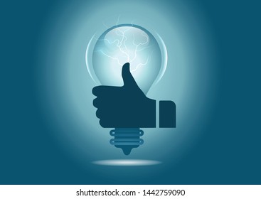 Bulb design icon concept good idea. Hand flat with thumb up catch single glowing bulb light, blue lightning bolt, Illustration isolated on dark blue background with shadow 