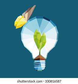 bulb eco friendly / lamp with green leaf / butterfly / save energy geometric vector / polygon design / rectangular vector