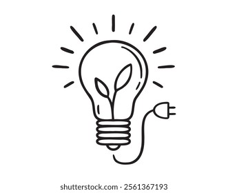 Bulb energy plant doodle hand drawn icon. Outline drawing Green energy ecology sustainability line clipart symbol. Vector illustration