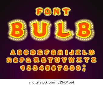 Bulb font. Glowing letters. Retro Alphabet with lamps. ABC pointer with light bulb. Vintage Glittering lights lettering
