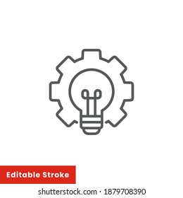 Bulb in gear outline icon, line style. Light bulbs and fixtures in them can emit light that is used to illuminate a room. Vector innovation illustration. Editable stroke EPS 10