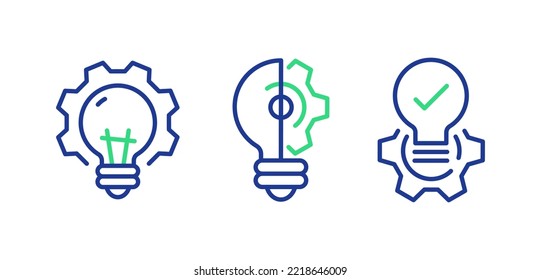 Bulb in Gear outline icon - vector cogwheel with lightbulb inside symbol in thin line style
