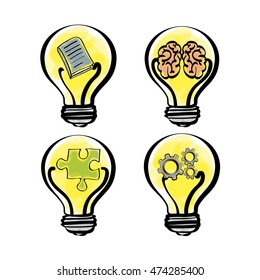 bulb gears brain puzzle big and great idea creativity icon set. Sketch and draw design. Vector illustration
