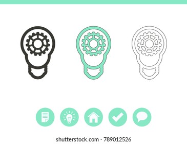 Bulb with gears and cogs icon. Idea symbol. Light lamp vector icon.