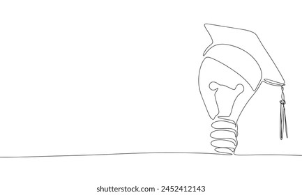 Bulb with graduated cap one line continuous. Line art graduated banner concept. Hand drawn vector art.