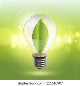 Bulb with a green sheet inside on a illumination background. Realistic vector design