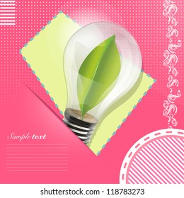 Bulb with green sheet inside a pink card. Realistic vector design