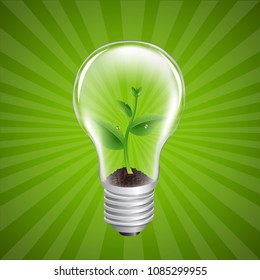 Bulb With Green Sprout Sunburst Background With Gradient Mesh, Vector Illustration