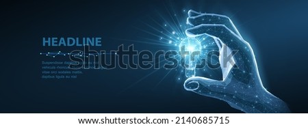 Bulb in hand. Glowing light bulb in man hand isolated on dark blue. Creative idea, patent, digital solution, future technology, business innovation, hi tech electric, smart vivision concept