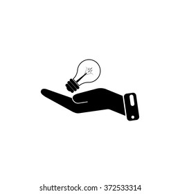 Bulb in hand icon. Simple black vector symbol. Logo for web. Image for business.