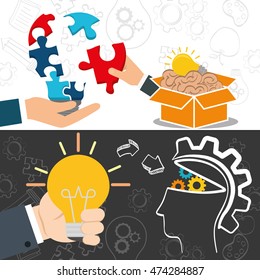 bulb hand puzzle brain box head gears big and great idea creativity icon set. Sketch and draw design. Vector illustration