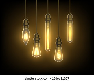 Bulb hanging from ceiling. Glowing lantern for room or interior design. Chandelier background or light bulb advertising. Energy and electricity, decoration, loft, lampshade theme