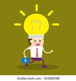Bulb head businessman. Business concept cartoon illustration, lightbulb as creativity metaphor. Flat icon modern design style vector illustration concept.