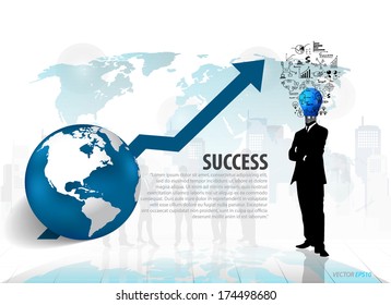 Bulb head man standing in abstract business background. Vector illustration.