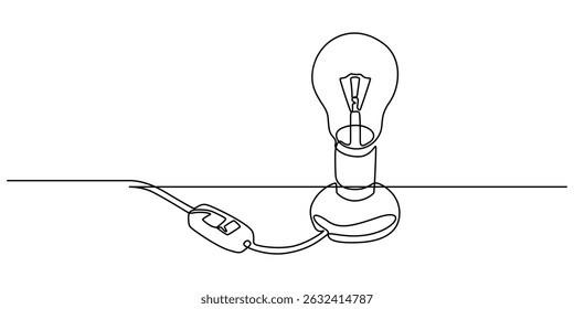bulb with holder continuous one line drawing, Illustration of a lightbulb drawn with one line, light bulb holder close up in a white background, bulb with holder outline minimal style concept vector.