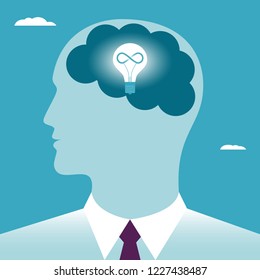 Bulb in the human brain shines like a symbol of ideas. Lamp with spiral of infinite in the head businessmen. Business concept. Vector illustration