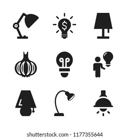 bulb icon. 9 bulb vector icons set. man standing with a lightbulb, garlic and lamp icons for web and design about bulb theme