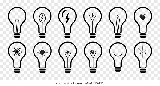 Bulb icon. Lightbulb icon on light background. Idea symbol. Electric lamp, light, innovation, solution, creative thinking, electricity. Outline, flat and colored style. Flat design. Eps 10.