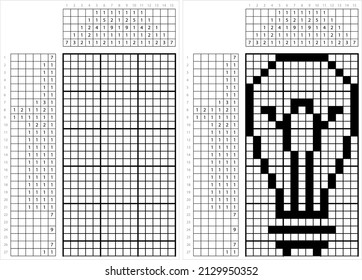 Bulb Icon Nonogram Pixel Art, Electric Incandescent Fluorescent Light Bulb Icon Vector Art Illustration, Logic Puzzle Game Griddlers, Pic-A-Pix, Picture Paint By Numbers, Picross