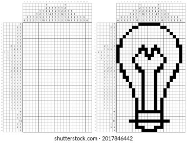 Bulb Icon Nonogram Pixel Art,Logic Puzzle Game Griddlers, Pic-A-Pix, Picture Paint By Numbers, Picross, Electric Incandescent Fluorescent Light Bulb Icon Vector Art Illustration