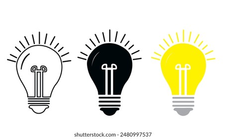 Bulb icon on white background. Black,yellow Idea symbol. Electric lamp, light,creative thinking, electricity. Outline, stock, fill, and flat color style.Vector Flat design.