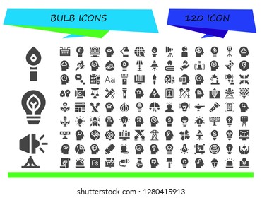  bulb icon set. 120 filled bulb icons. Simple modern icons about  - Torch, Spotlight, Eco bulb, Fuse box, Idea, Creativity, Mind, Desk lamp, Ecology, Light, Thinking, Ecologism