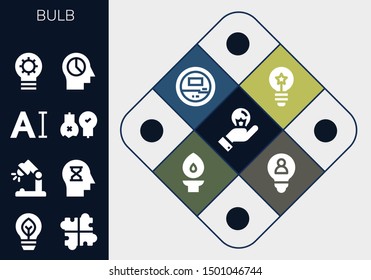 bulb icon set. 13 filled bulb icons.  Simple modern icons about  - Idea, Eco bulb, Solution, Desk lamp, Mind, Typography, Ideas, Voltmeter, Torch