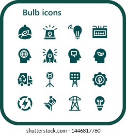 bulb icon set. 16 filled bulb icons.  Collection Of - Ecologism, Siren, Idea, Fuse box, Mind, Initiative, Eco, Spotlight, Lights, Green energy, Energy, Electric tower, Lightbulb