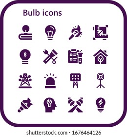 bulb icon set. 16 filled bulb icons.  Simple modern icons such as: Idea, Torch, Design, Lightbulb, Flashlight, Science, Eco, Electric tower, Siren, Lights, Spotlight, Mind, Creativity