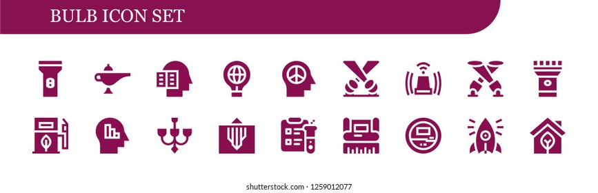  bulb icon set. 18 filled bulb icons. Simple modern icons about  - Flashlight, Lamp, Intellectual, Idea, Mind, Spotlight, Siren, Torch, Eco fuel, Chandelier, Science, Graphic design