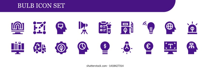 bulb icon set. 18 filled bulb icons.  Simple modern icons about  - Creativity, Layout, Mind, Light, Science, Eco fuel, Idea, Siren, Graphic design, Eco, Green energy, Lightbulb