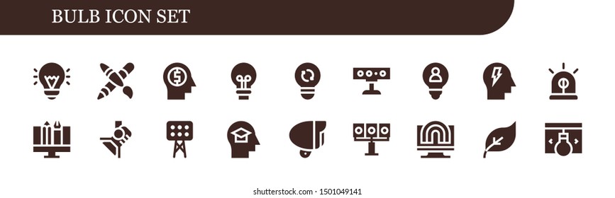 bulb icon set. 18 filled bulb icons.  Simple modern icons about  - Idea, Graphic design, Mind, Light, Spotlight, Siren, Lights, Lamp, Illumination, Creativity, Green energy