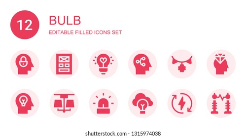 bulb icon set. Collection of 12 filled bulb icons included Mind, Layout, Idea, Garland, Lamp, Siren, Eco energy, Electricity