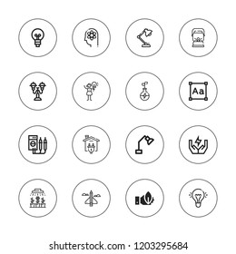 Bulb icon set. collection of 16 outline bulb icons with desk lamp, creativity, ecology, energy, green power, knowledge, lamp, idea, illumination, oil lamp, street light icons.