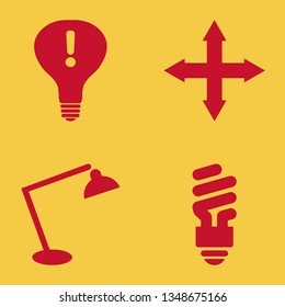 bulb icon set with desk table lamp, fluorescent bulb and out arrows vector illustration
