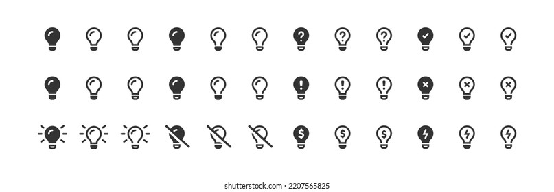 Conjunto de iconos de la bombilla. Símbolo de bombilla. Signo de concepto de idea. Marca de verificación de la bombilla de línea en estilo plano vectorial.