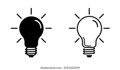 Icono de bombilla, conjunto de Ilustraciones vectoriales de bombilla, Idea symbol, lámpara eléctrica, luz, innovación, solución, pensamiento creativo, símbolo eléctrico, Icono de bombilla Ideal para ideas, conjunto de iconos de lámpara. 